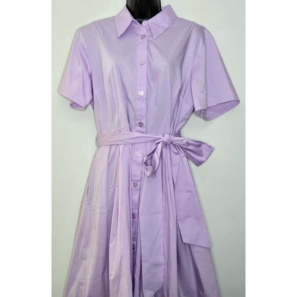 New York & Company Dress Size Large Belted Button-Front Flare Shirtdress Purple - Picture 2 of 7